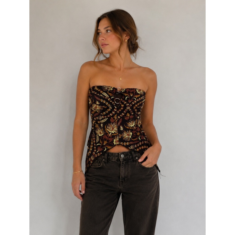 Silence + Noise Womens Strapless Top XS Brown Multi Boho Y2K Festival